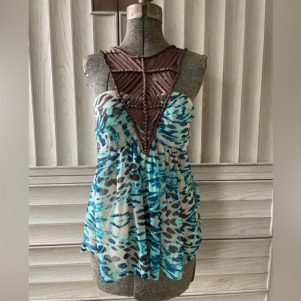 Boston Proper Teal and Beige Halter Top